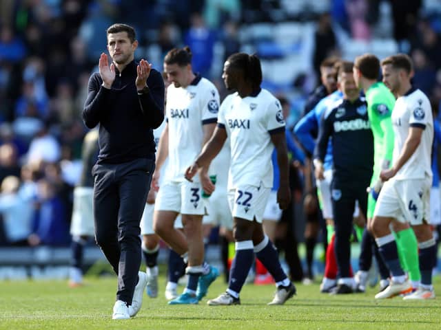 PORTSMOUTH, ENGLAND - OCTOBER 05:  Portsmouth Manager Manager John Mousinho acknowledges the fans after the Sky Bet Championship match between Portsmouth FC and Oxford United FC at Fratton Park on October 05, 2024 in Portsmouth, England. (Photo by Bryn Lennon/Getty Images)