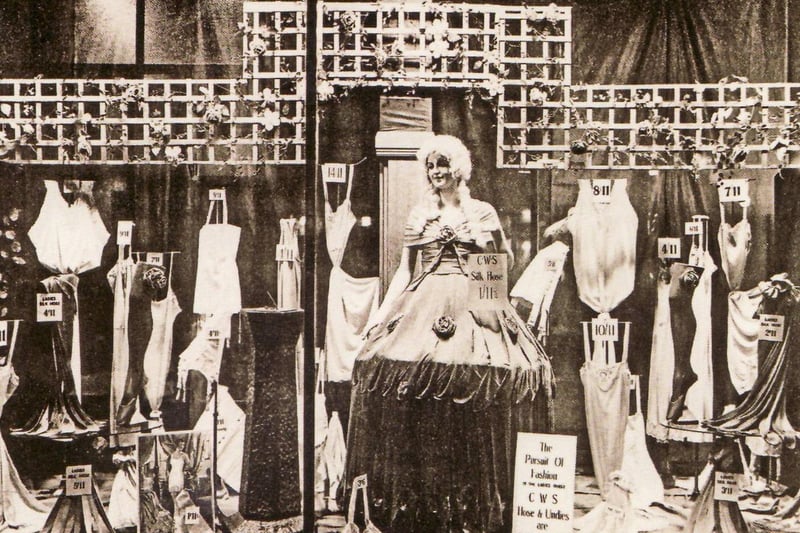 A display of lingerie in the window of the Co-op, Fratton Road, Portsmouth, in 1932