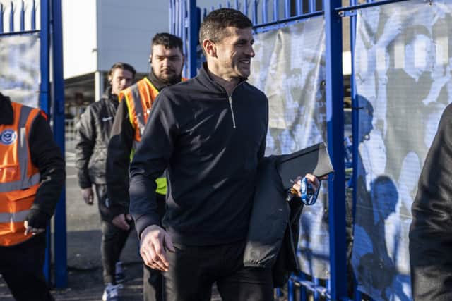 New Pompey head coach John Mousinho arrives at Fratton Park for his first game in charge