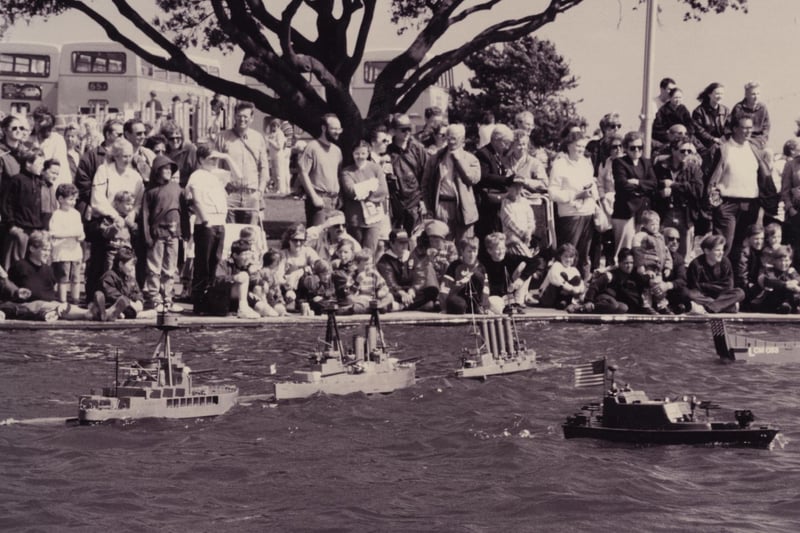 Model boats re-enact D-Day on Canoe Lake on July 29 1995. The News PP3764