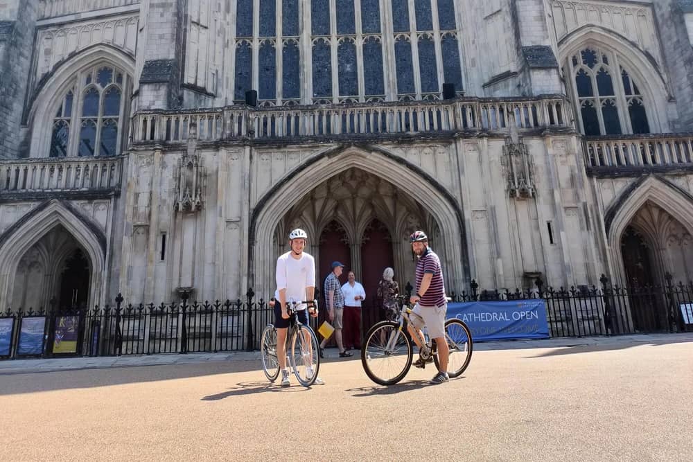 Harrison Read, 23, has filmed a documentary about cycling and mental health. Pictured: Harrison with Peter Larkum in Winchester