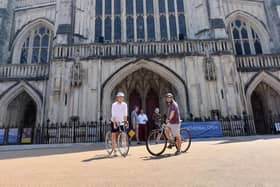 Harrison Read, 23, has filmed a documentary about cycling and mental health. Pictured: Harrison with Peter Larkum in Winchester