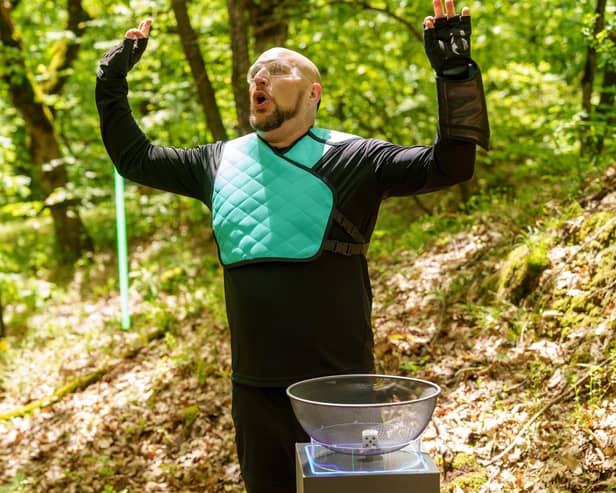 Roy celebrates a win during one of the tasks on Channel 4's new reality gameshow The Hunt: Prey vs Predator (Picture: Channel 4/Pete Dadds)