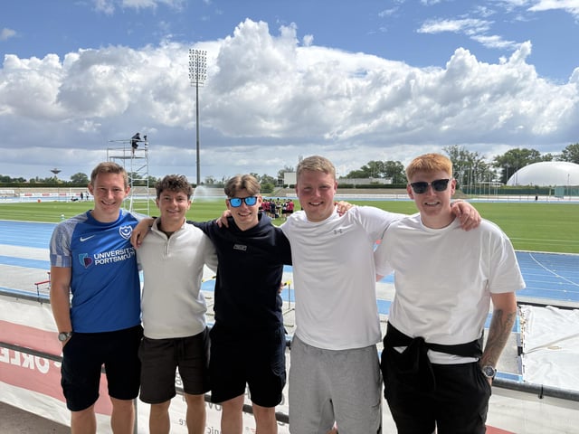 Kieran Le Manquais, aged 21 from Worthing, Faris Al Khalo, aged 22 from Bahrain, Jack Cobb, aged 22 from Anchorage Park, Sam Ward, aged 20 from Stamshaw, and Harvey Waltho, aged 20 from Fratton, at Pompey's open training session at the X-Bionic Sphere Sports Centre in Šamorín, Slovakia.