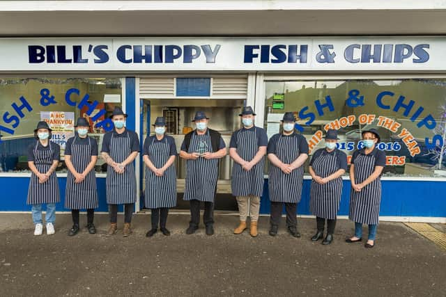 From left, Stephanie Berry, Jensen Sunderland, Del Berry, Janice Kennedy, owner Bill Isherwood, Free Wilson, Chance Wilson, Sarah Balchin and Lisa Drackett at Bill's Chippy in Waterlooville