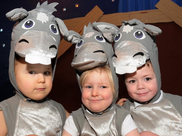 The Three Little donkeys at Ethel Wainwright school in Mansfield getting ready for their nativity in 2010 - from the left are Kevin Parker, Chloe Willis-Smith, Corey Blythe 







.
