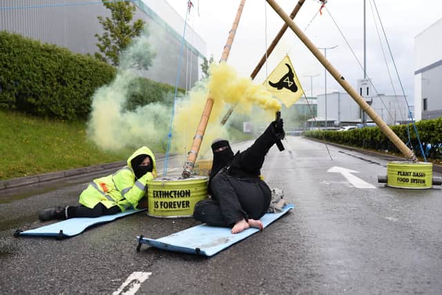 Animal Rebellion protesters attached to a bamboo structure and releasing a yellow smoke canister, outside a McDonalds distribution site in Basingstoke. Picture: Andrea Domeniconi/PA Wire
NOTE TO EDITORS: This handout photo may only be used in for editorial reporting purposes for the contemporaneous illustration of events, things or the people in the image or facts mentioned in the caption. Reuse of the picture may require further permission from the copyright holder.