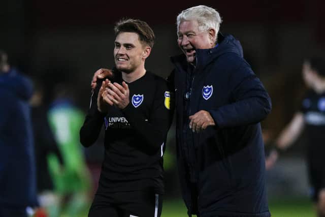 Ben Thompson with Barry Harris during his Pompey loan spell in 2018. Picture: Daniel Chesterton