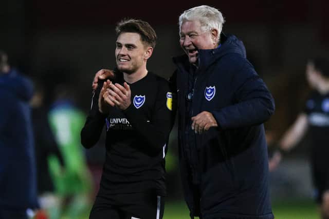 Ben Thompson with Barry Harris during his Pompey loan spell in 2018.  Picture: Daniel Chesterton