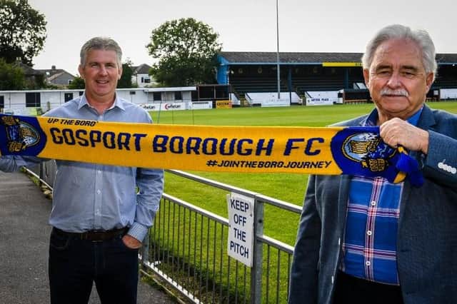 New manager Shaun Gale, left, with Gosport chairman Iain McInnes earlier today. Pic: Gosport Borough FC.