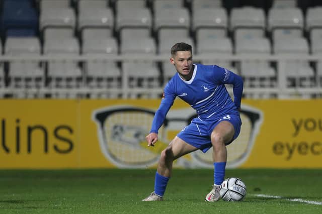 Luke Molyneux of Hartlepool United during the Vanarama National League match between Hartlepool United and Kings Lynn Town at Victoria Park, Hartlepool on Tuesday 8th December 2020. (Credit: Mark Fletcher | MI News)
