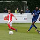 Moussa Diarra, right, playing for Barrow against Brackley in 2018. Diarra's new Westleigh Park colleague Bedsente Gomis is also in the picture.