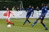 Moussa Diarra, right, playing for Barrow against Brackley in 2018. Diarra's new Westleigh Park colleague Bedsente Gomis is also in the picture.