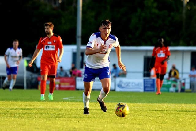 Ex-Pompey defender Harry Kavanagh in action for Gosport against AFC Portchester. Picture: Tom Phillips