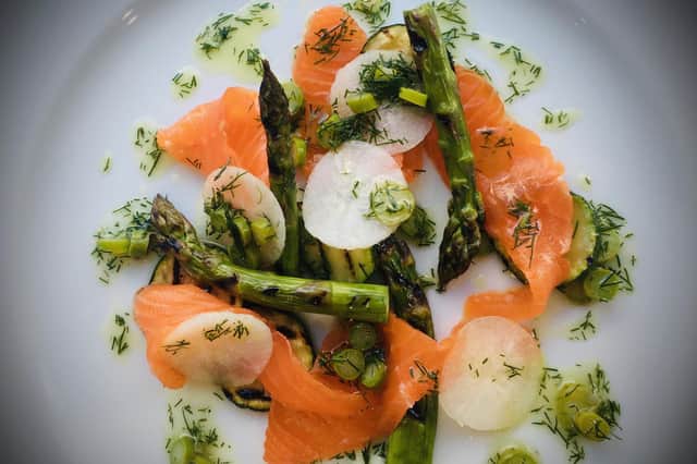 Cured trout, asparagus and courgette, by Lawrence Murphy