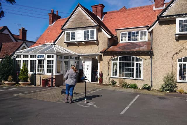 Opera singer Jennifer Parker-Lummis performs outside Hartwell Lodge Care Home, Fareham, on Mother's Day as elderly residents are unable to take visitors because of lockdown measures put in place to fight coronavirus. Picture: Michael Lummis