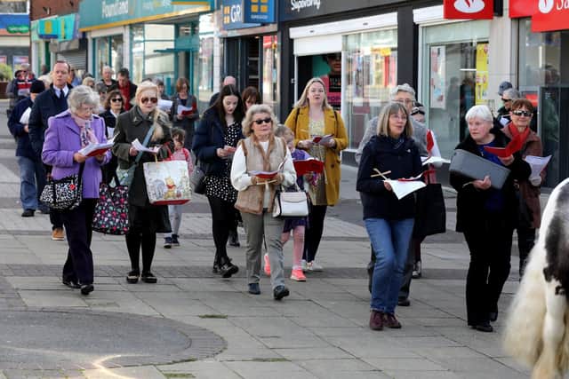Waterlooville Palm Sunday celebration - The service starting outside the Heroes Pub and ending at St George's Church.Pictured is action from the event.Picture: Sam Stephenson.