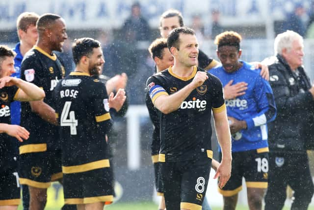 Michael Doyle and his team-mates celebrate victory at Hartlepool in April 2017. Picture: Joe Pepler