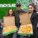 Caprinos Pizza, Havant officially opens its doors on Wednesday, April 13 2022.Pictured: Operational manager, Haleema Asmal, with her husband, general manager, Ismail Asmal and franchise owner, Sadaf MalikPicture: Habibur Rahman