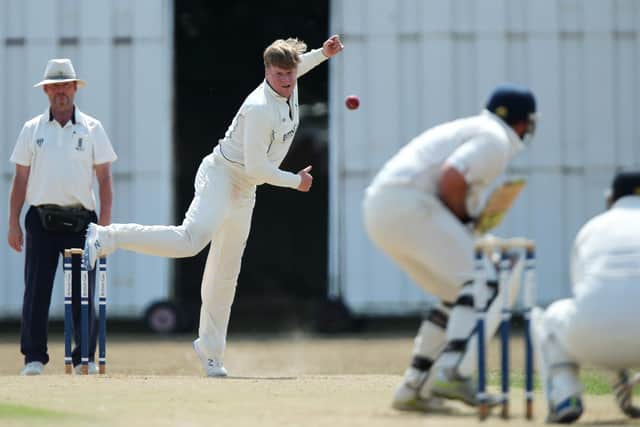 Purbrook skipper Josh McCoy bowls against Gosport Borough. Picture: Chris Moorhouse
