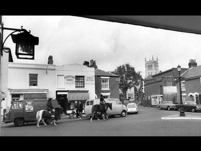 Two horses ride through Alverstoke village, Gosport in 1971. The News PP4751