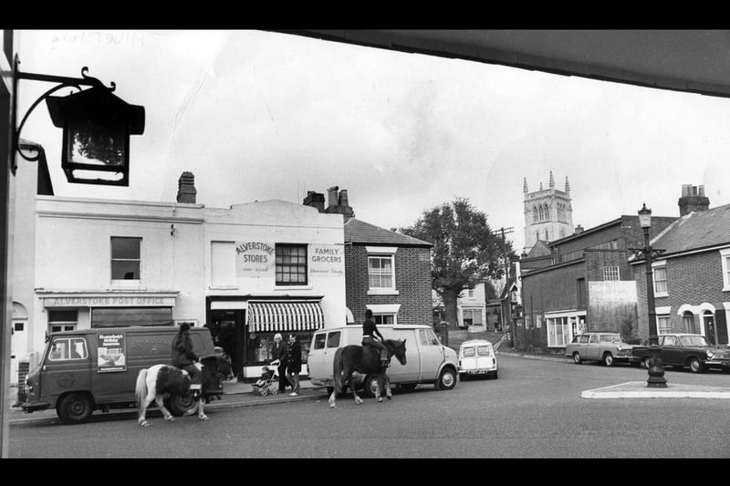 Two horses ride through Alverstoke village, Gosport in 1971. The News PP4751