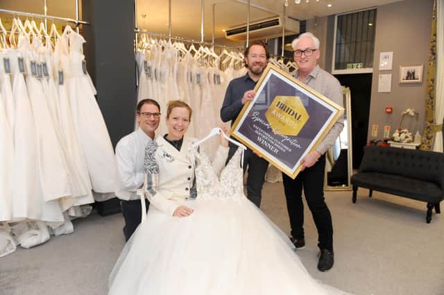 Sara Courtney from Gosport, nominated Creatiques Bridal Boutique in Southsea for the Exceptional Customer Service for Brides award in The Bridal Buyer Awards 2020 which they won. 

Pictured is: Mike Purkiss with his fiance Sara Courtney and owners of Creatiques Bridal Boutique Robert and Andrew Pearce.

Picture: Sarah Standing (221020-6412)