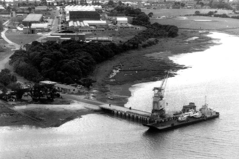 Foxbury Point, Gosport, about 1957, showing Wessex Whirlwind helicopters on a vessel docked at Fleetlands