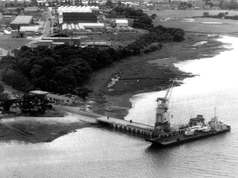 Foxbury Point, Gosport, about 1957, showing Wessex Whirlwind helicopters on a vessel docked at Fleetlands