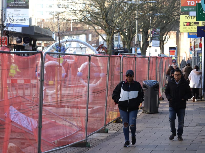 Improvement works going on in Commercial Road (the end outside Subway) and at the end of Charlotte Street in Portsmouth, Hampshire.Monday 12th February 2024.Picture: Sam Stephenson.