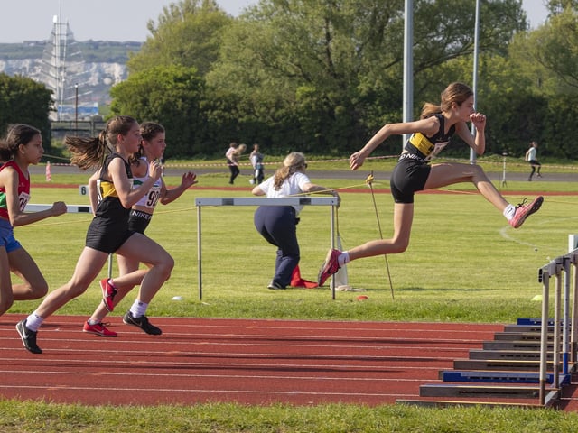Under-13 girls 75m hurdles. Picture by Paul Smith