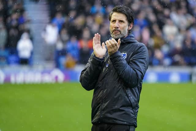 Pompey boss Danny Cowley applauds the Fratton Faithful following the 4-0 win against Sunderland