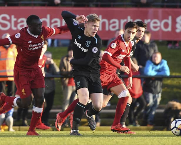 Anthony Scully in action for West Ham against Liverpool in February 2018. Picture: Nick Taylor/Liverpool FC/Liverpool FC via Getty Images.