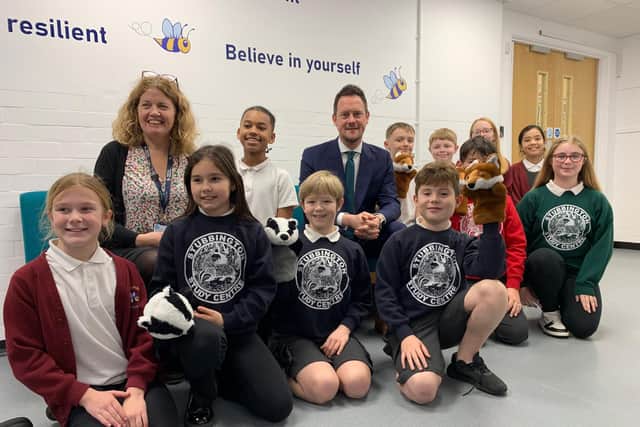 Stephen Morgan MP (Centre) and Christing Turner Head of School (Left) with children from Meon Junior School TSAT