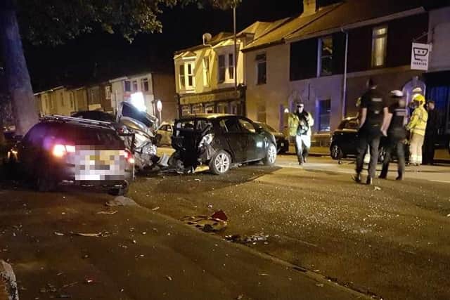 A man has been arrested on suspicion of drink driving after an Audi car ploughed into parked vehicles.