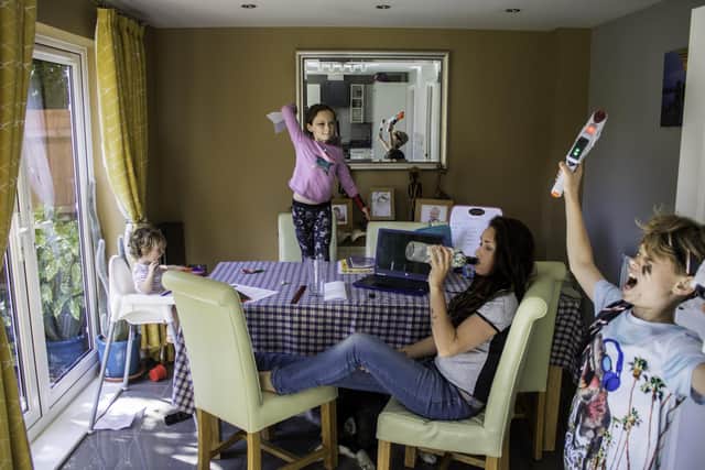 Nikki Gatrell, from Hilsea, has captured the humour of being a parent during lockdown in a series of photographs taken at her home. Pictured also are her children Jax, aged 10, Alex, eight, and Rae-Dallas, one. 