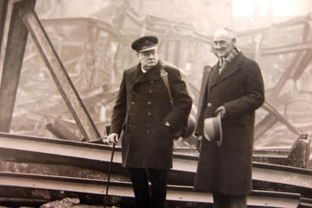Winston Churchill and The Lord Mayor of Portsmouth Councillor Dennis Daley touring the Palmerston Road area of Southsea after the blitz of January 1941