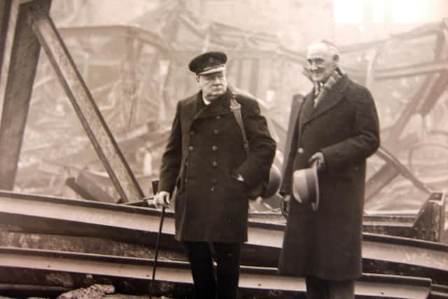  Winston Churchill and The Lord Mayor of Portsmouth Councillor Dennis Daley touring the Palmerston Road area of Southsea after the blitz of January 1941         