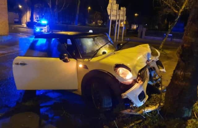 Lukasz Kopania, four times over the drug limit and had also been drinking, plowed his Mini Cooper into a tree. Picture: Sussex police.
