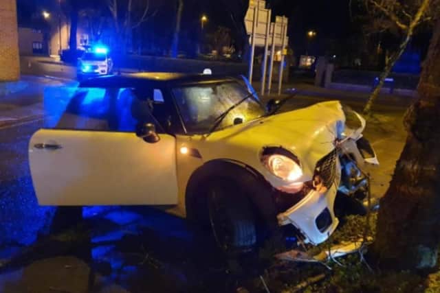 Lukasz Kopania, four times over the drug limit and had also been drinking, plowed his Mini Cooper into a tree. Picture: Sussex police.