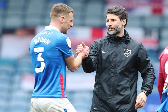 Danny Cowley congratulates Lee Brown at the final whistle.