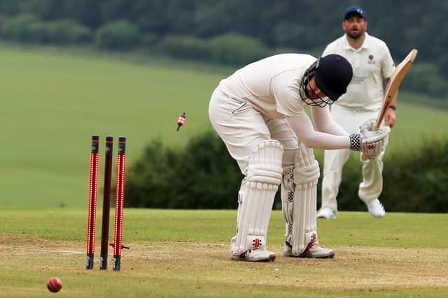 Havant 3rds opener Tom Wragg is bowled by Hambledon's Elliot Jenkins. Picture: Sam Stephenson
