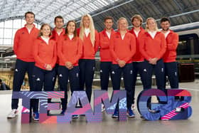 James Peters (back row, far right) at the Team GB Paris 2024 sailing team announcement, held at St. Pancras International station in London. Picture: Jordan Pettitt/PA Wire