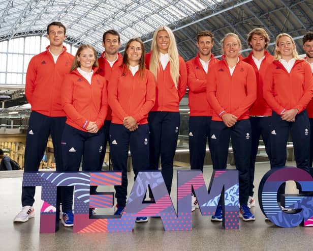 James Peters (back row, far right) at the Team GB Paris 2024 sailing team announcement, held at St. Pancras International station in London. Picture: Jordan Pettitt/PA Wire