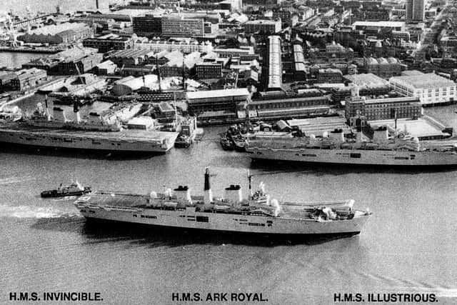 A rare occasion: Three Portsmouth-based aircraft carriers, all now scrapped,  in their home port in 1989. Picture: Gerrard O’Brian postcard collection.