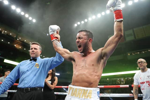 Mikey McKinson lets out a roar after defeating American Alex Martin in Los Angeles Picture: Tom Hogan