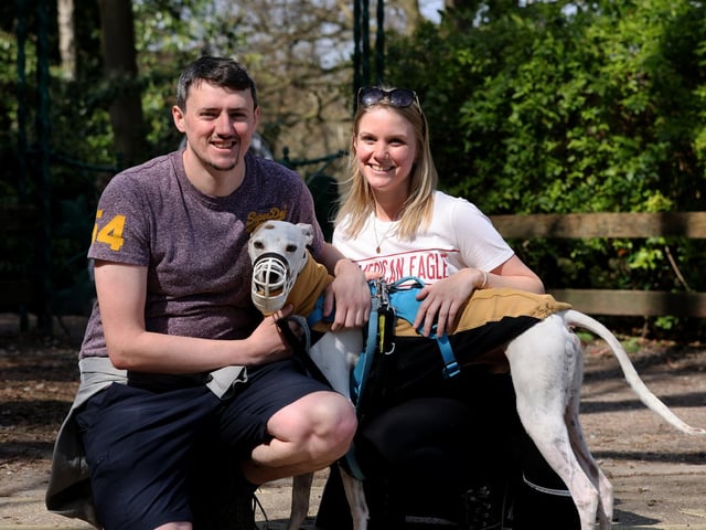 Pictured is Sam Richardson, Elizabeth Dunn-Clayton and their dog Seb.
Picture: Sam Stephenson.