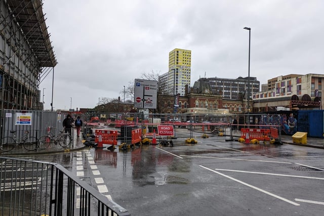 Road closed for construction outside Portsmouth and Southsea railway station on Thursday, February 29.
