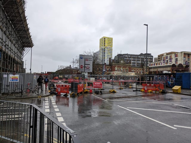 Road closed for construction outside Portsmouth and Southsea railway station on Thursday, February 29.