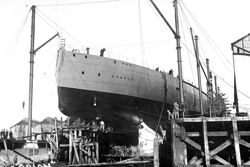 Launch of HMS Orion, 1910. H.M.S. Orion was one of eight armoured vessels authorised in 1909 and one of four Orion Class Battleships and was built at Portsmouth Royal Dockyard. She was laid down on 29 November 1909 and launched on 20 August 1910.